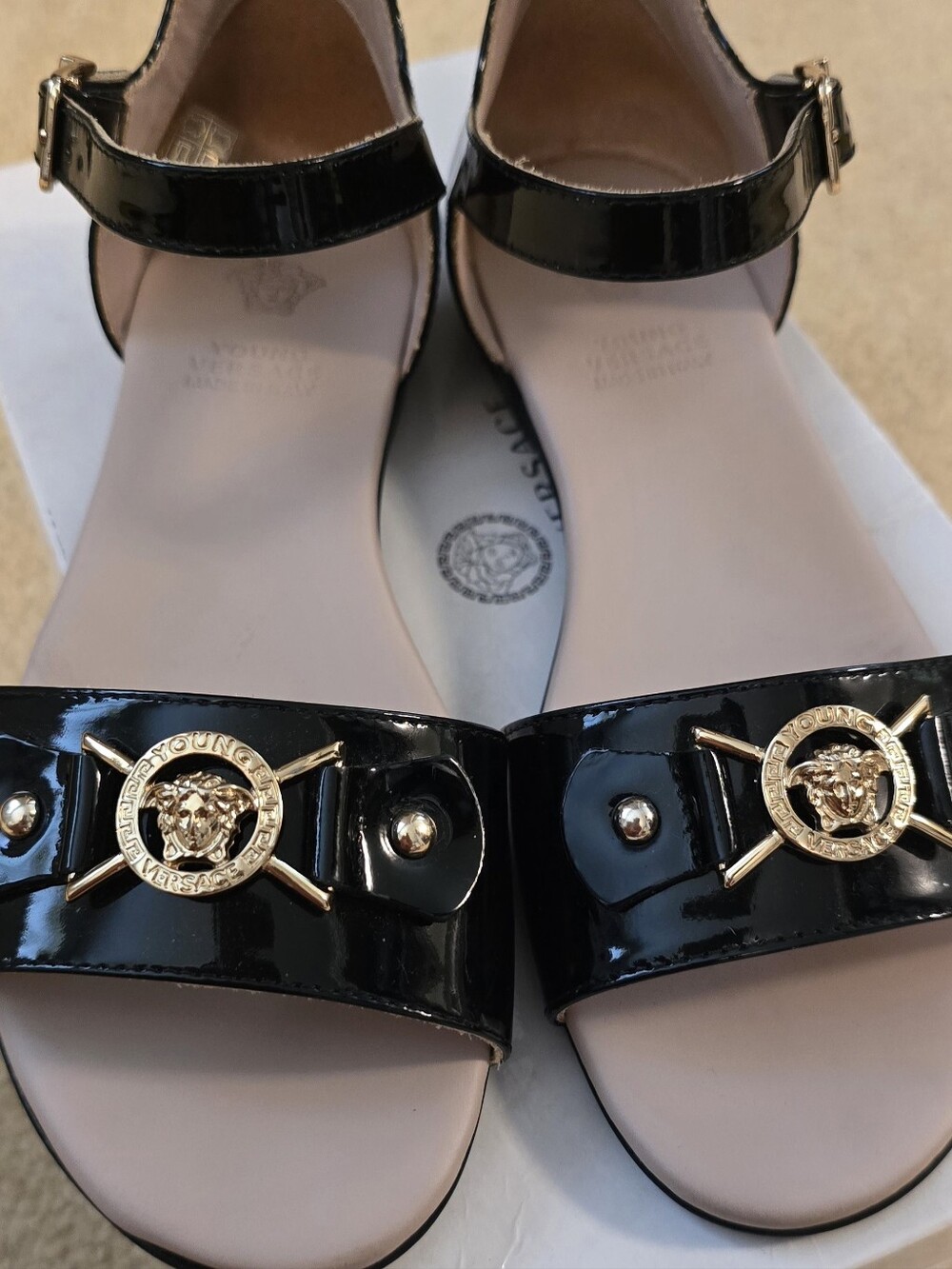 Versace Black Patent Leather Sandals with Gold Medallion
